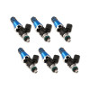 Injector Dynamics 1340cc fuel injectors, set of 6, blue tops with black connectors, front angle view