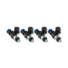 Set of four Injector Dynamics 1340cc fuel injectors, side view, blue tops, black bodies, green o-rings