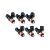 Injector Dynamics 1340cc fuel injectors, set of 6, angled view showing blue tops and red O-rings