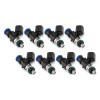Set of eight Injector Dynamics 1340cc fuel injectors, angled view showing connectors and o-rings