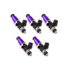 Set of five Injector Dynamics ID1050X fuel injectors, purple bodies with 14mm adaptors, black connectors, front angled view.