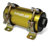 Fuelab Prodigy gold inline fuel pump, angled view showing mounting brackets and inlet fitting