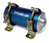 Fuelab Prodigy blue fuel pump, angled view showing inlet/outlet fittings and mounting brackets
