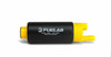 Fuelab 494 in-tank fuel pump, side view, black cylindrical body with yellow inlet cap and outlet fitting.