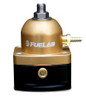 Fuelab 515 EFI adjustable fuel pressure regulator, gold body, front view with hex fitting, hose barb and black base.