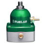 Fuelab 515 EFI adjustable fuel pressure regulator in green, front view showing inlet fitting, hose barb, and adjuster cap