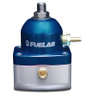 Fuelab 515 EFI adjustable FPR in blue, front view showing top inlet port, side hose barb fitting and mounting base