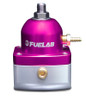 Fuelab 515 TBI adjustable fuel pressure regulator in purple, front view with brass fitting and mounting holes