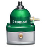 Fuelab 515 green adjustable FPR, front view with top inlet fitting, side hose barb, and bottom outlet port