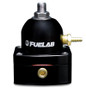 Fuelab 515 black adjustable FPR, front view showing brass hex adjuster, inlet fitting and mounting holes