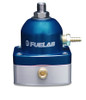 Fuelab 525 TBI adjustable fuel pressure regulator in blue, front view showing inlet fitting, hose barb port, and mounting base