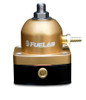 Fuelab 525 TBI adjustable fuel pressure regulator, gold body, front angle with brass hose barb and AN fittings visible