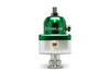 Fuelab 555 adjustable fuel pressure regulator, green anodized body, front view showing AN ports and brass fitting