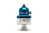 Fuelab 555 adjustable FPR, blue and silver body, front view showing inlet fitting and dual outlet ports.