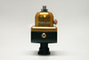 Fuelab 555 adjustable fuel pressure regulator, gold top, black base, front view with AN fittings
