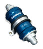 Fuelab 818 in-line fuel filter, blue anodized body with -6AN fittings, mounted in a metal bracket