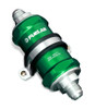 Fuelab 818 in-line fuel filter, green anodized body, -10AN fittings at both ends, mounting bracket visible