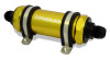 Fuelab 828 in line fuel filter, gold anodized body with black AN fittings and mounting clamps, side view