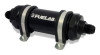 Fuelab 828 in-line fuel filter, black cylindrical body with -10AN fittings, mounting clamps, side view