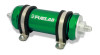 Fuelab 828 in-line fuel filter, green anodized body, -6AN fittings, mounting brackets, angled view