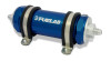 Fuelab 858 blue inline fuel filter, long body, -10AN inlet/outlet fittings, mounting clamps visible