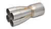 Vibrant 4-1 stainless merge collector, four 1-3/4in tubes tapering into a single 3in outlet, angled view