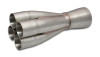 Vibrant 4-1 stainless merge collector, four slip-over inlet tubes tapering to a single round outlet.