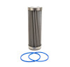 Fuelab 6in stainless steel pleated filter element with two blue rubber O-rings, front angled view