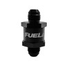 Fuelab 8AN check valve, black anodized, hex body with AN male fittings on both ends, front view.