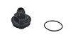 Fuelab replacement filter cap with -10AN outlet fitting in black, shown beside its round O-ring seal.