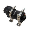 Fuelab PRO Series brushless in-line fuel pump, angled view showing inlet, outlet fittings and mounting brackets