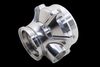 Polished aluminum TiAL Sport QR BOV housing, angled view showing inlet flange and side port, silver finish