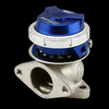 Turbosmart WG38 Gen V Ultragate 38 14psi wastegate, blue top cap, angled view showing cast flange base