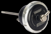 Turbosmart IWG75 internal wastegate actuator, black canister, chrome band, angled view with rod and fitting