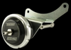 Turbosmart IWG75 wastegate actuator, black canister with silver bracket and mounting arm, side view