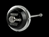 Turbosmart 57mm vIWG wastegate actuator, front view showing black canister, hose barb fitting, and rod arm.