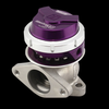 Turbosmart WG38 Gen V Ultragate 38 purple wastegate, side angle showing cast base flange and clamp ring