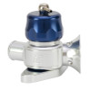 Turbosmart BOV Dual Port Maz/Sub, blue top, silver body, side angle showing inlet, outlet and mounting flange