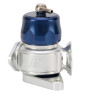 Turbosmart Dual Port BOV Subaru, blue anodized top, silver body, side angle with dual flange ports