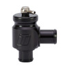 Turbosmart Kompact plumb back diverter valve, black anodized body, side ports, top barb fitting visible