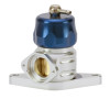Turbosmart blow off valve plumb back, blue anodized top, silver body, oval mount flange, front angle view