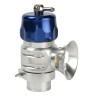 Turbosmart BOV Supersonic Uni in blue, side angle showing trumpet outlet, hex top and hose barb inlet