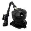 Turbosmart BOV Kompact EM dual port VR3 blow off valve, black body with electronic connector and hose fitting, angled view