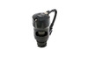 Turbosmart Vee Port BOV in black, angled view showing top cap, hose barb and vented body for Ford EcoBoost