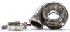 Garrett G25 turbine housing, V-band clamp attached, 0.49 A/R, angled view showing volute and outlet