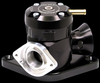 GFB Respons blow off valve kit for WRX/STI, side angle view showing black body, brass vacuum nipple, and machined aluminum flange.