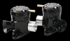 GFB Respons twin valve blow off valve kit, black anodized bodies, brass nipples, one bare aluminum outlet visible