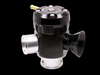 GFB TMS Respons blow off valve, black top with brass adjuster, silver inlet and trumpet outlet, front angle view