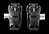 GFB Mach 2 TMS diverter valves, pair shown side by side, black billet housings with silver inlet fittings and brass nipples visible.