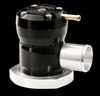 GFB Mach 2 TMS diverter valve, black body with brass nipple and aluminum flange, angled side view
